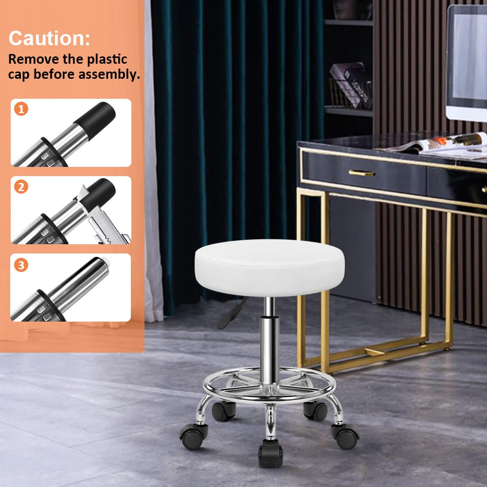PU Leather Round Rolling Stool with Foot Rest Swivel Height Adjustable Stool Spa Drafting Salon Tattoo Work Office Massage Task Chair White Small (White)