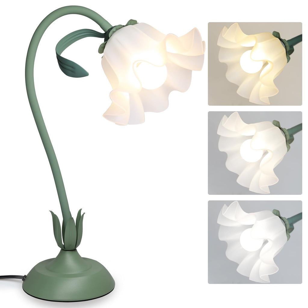 Flower Table Lamp Cute Lily Desk Lamp Bedside Night Light -Green