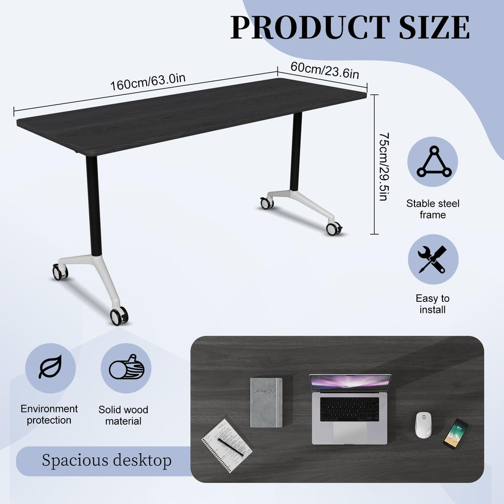 Conference Table, Folding Conference Room Tables, Modern Flip Top Seminar Training Meeting Table with Wheels, Modular Foldable Conference Tables for Home Office Classroom (Black 4 Pack,63inch)