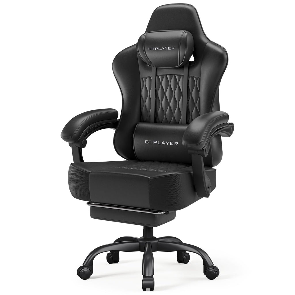 Big and Tall Gaming Chair with Footrest, Ergonomic Office Desk Chair with 4.4in Thick Cushion and Wide Wingless Seat, Comfortable Leather Computer Chair, Predator Series, Black with Trim