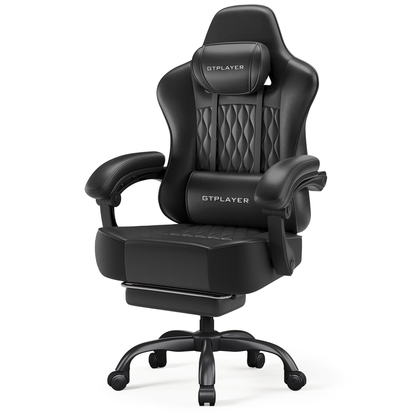 Big and Tall Gaming Chair with Footrest, Ergonomic Office Desk Chair with 4.4in Thick Cushion and Wide Wingless Seat, Comfortable Leather Computer Chair, Predator Series, Black with Trim