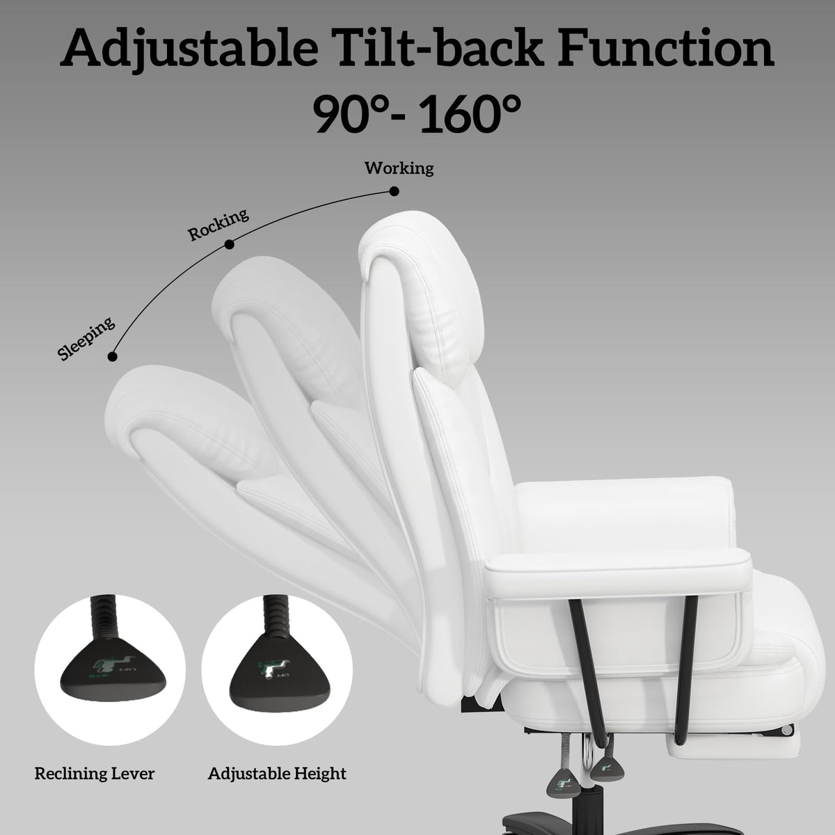 160 Reclining Office Chair with Footrest, Big & Tall Desk Chair, White