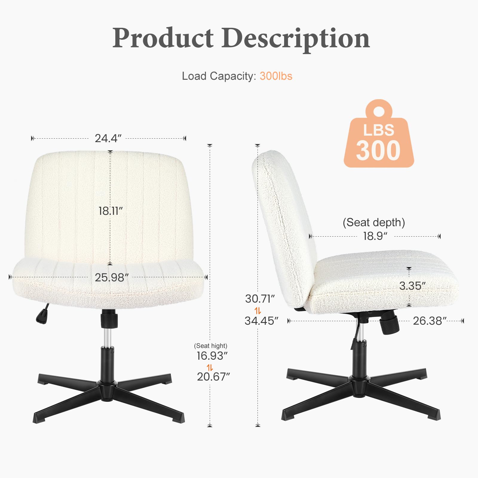 Criss Cross Chairs Legged Armless No Wheels Wide Seat Height Adjustable Swivel Rolling Padded Furry Cute Home Office Desk Seating for Bedroom, Student, Study Room