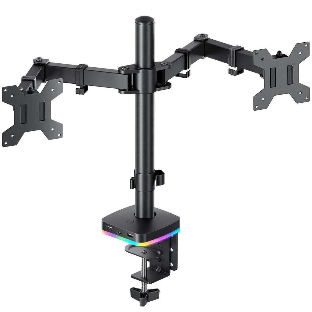 Dual Monitor Desk Mount, Monitor Stand with 3 USB Ports, Charging and USB Data Transfer Function, Adjustable Arms for 13"-27" Monitors up to 17.6lbs, VESA 75x75mm 100x100mm, Ergonomic Design