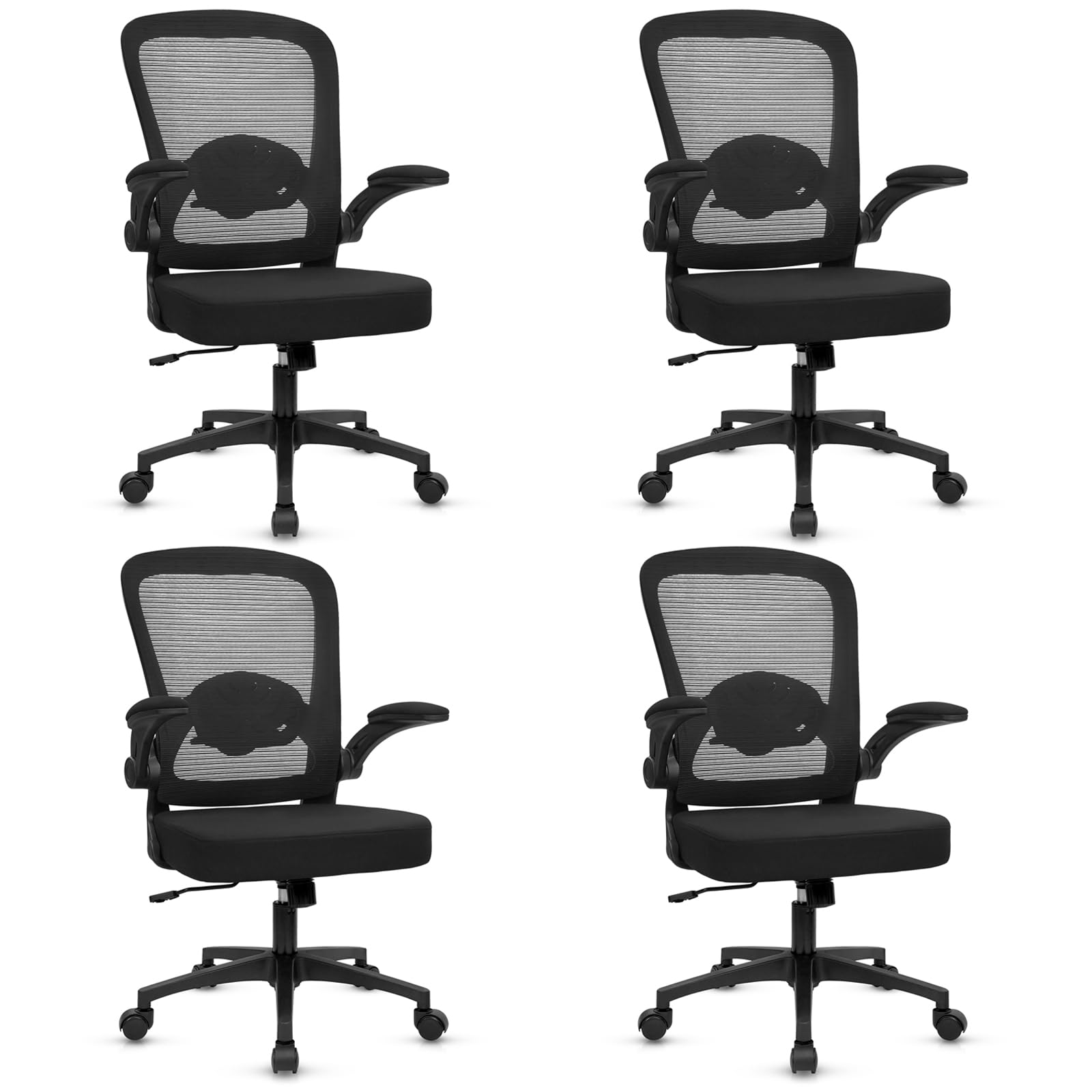 KLASIKA Home Office Desk Chair with Flip Up Armrests, Mesh Back Chair with Adjustable Height Lumbar Support, Ergonomic Computer Task Chair with Wheels for School, Conference, Black(4PK)