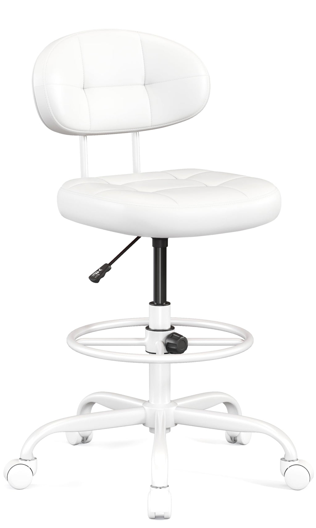 Drafting Chair, Armless Tall Office Chair with Footrest Ring for Standing Desk, Small Faux Leather Executive Computer Chair with Adjustable Height for Bar Lab Counter Height Desk, White