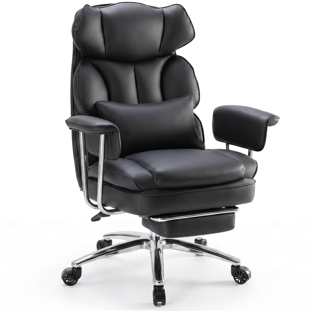 Sweetcrispy Executive Home Office Desk Chair - Ergonomic Big Tall High Back with Footrest & Lumbar Support, Reclining Height Adjustable, Comfy PU Leather Computer Gaming with Swivel Wheels, Black