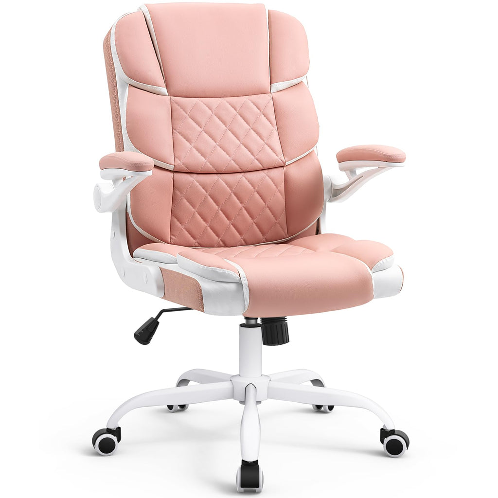 Pink Desk Chair Modern Executive Office Chair with Arms PU Leather Computer Desk Chair for Girls Women