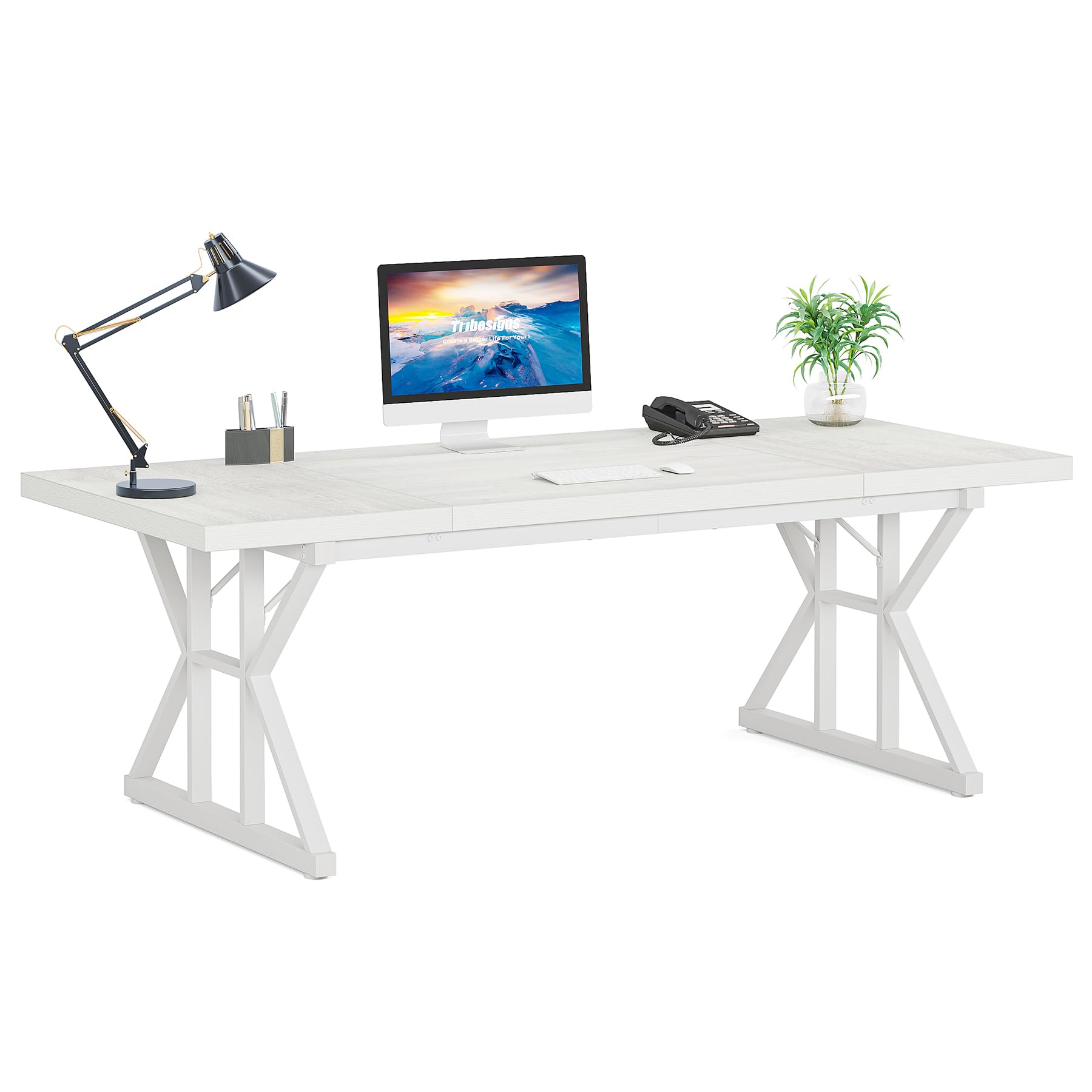 70.8-Inch Executive Desk, Large Computer Office Desk Workstation, Modern Simple Style Laptop Desk Study Writing Table Business Furniture for Home Office (White, 70.8 Inch)