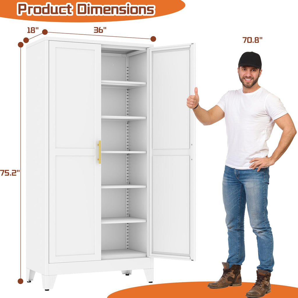 White Metal Storage Cabinet,75" Steel Cabinets for Home Office
