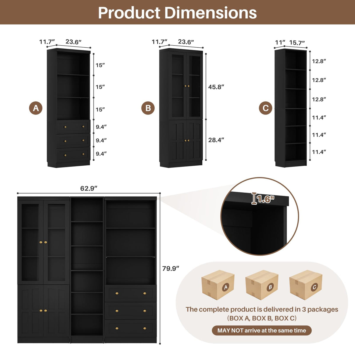 80" H Bookshelf with Adjustable Shelves and Thickened Top Panel