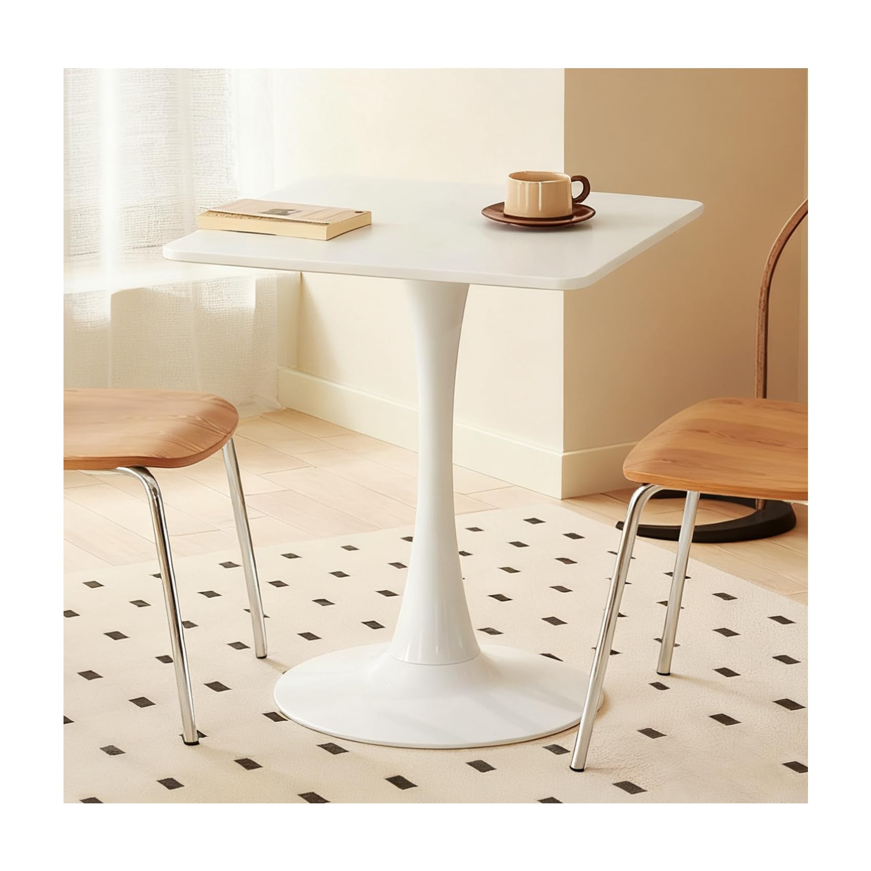 Hansweld Square Dining Table, 24" Tulip Table with Thickened Tabletop & Metal Pedestal, Mid Century Modern Bistro Table for Kitchen, Small Places, Living Room, Cafe (White)