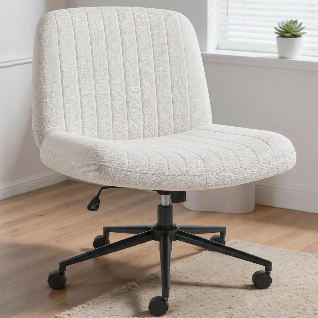 Criss Cross Chair,Cross Legged Office Seat with Wheels Armless Swivel Vanity Chair,Height Adjustable Wide Computer Task Seating for Home Office,Beige