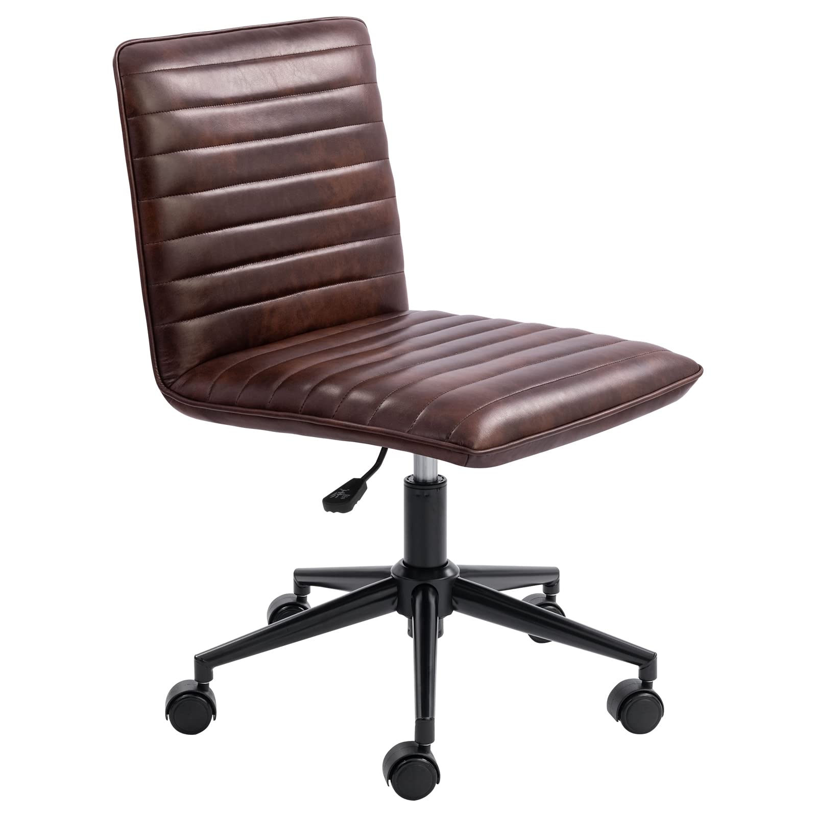 Leather Home Office Chair, Armless Vanity Desk Task Chair with Wheels 360° Swivel Computer Rolling Desk Chair with Back, Adjustable Accent Chair with Base Stool