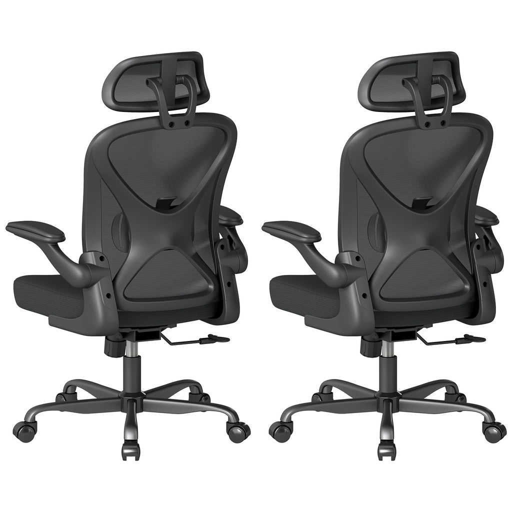 Ergonomic Office Chair Set of 2, with Adjustable Lumbar Support, Mesh Fabric Home Office Chair with Headrest, 360° Swivel and Flip-Up Armrests, Black