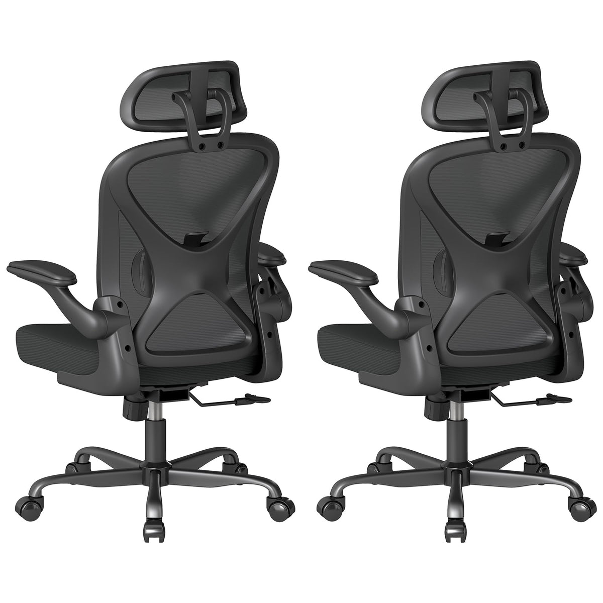 Ergonomic Office Chair Set of 2, with Adjustable Lumbar Support, Mesh Fabric Home Office Chair with Headrest, 360° Swivel and Flip-Up Armrests, Black