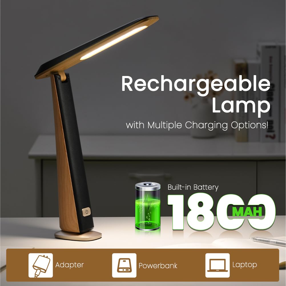 Foldable Portable Desk Lamp,Battery Operated Rechargeable Lamps Cordless,Eye-Caring LED Table Lamp with 3 Color Temperatures,Stepless Brightness,Desk Lamps for Office Home College Essentials