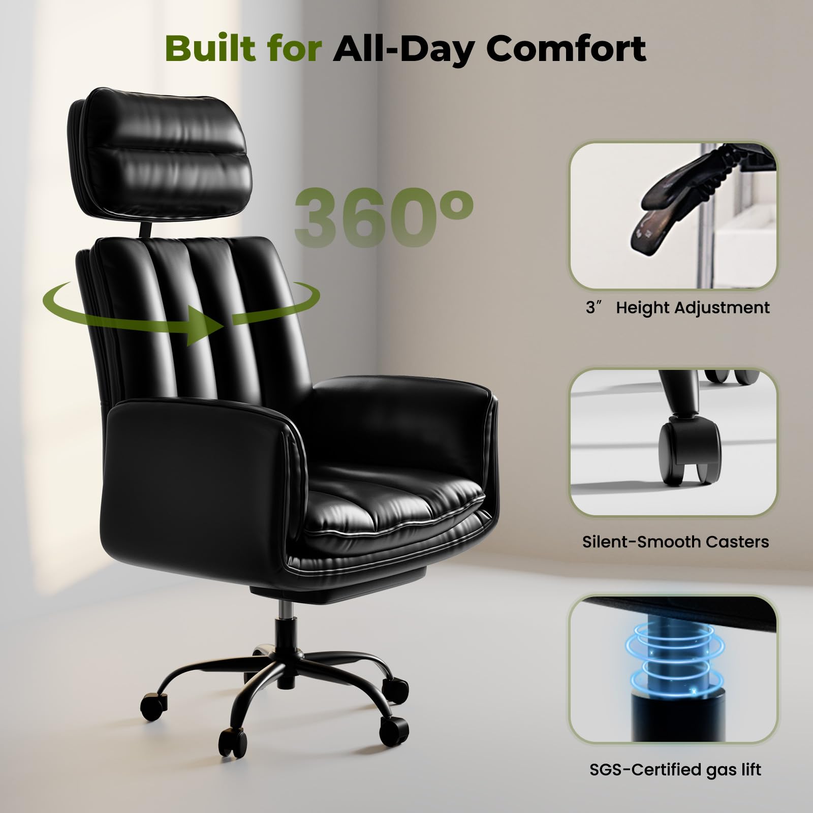 Criss Cross Office Chair with Armrests & Wheels, Comfy Big and Tall Chair, Ergonomic Executive Gaming Computer Chairs with Foot Rest, PU Leather Wide Seat Reclining Desk Chair, Black