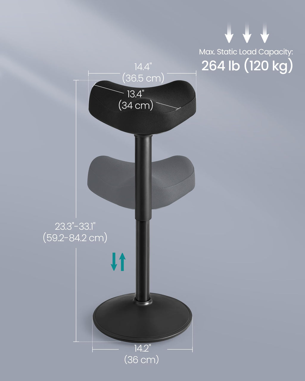 Ergonomic Sit Stand  Stool, Height Adjustable Standing Desk Stool 23.3-33.1 Inches, Swivel Balance Chair with Non-Slip Base, Saddle Seat, for Active Sitting, Office, Home, Ink Black