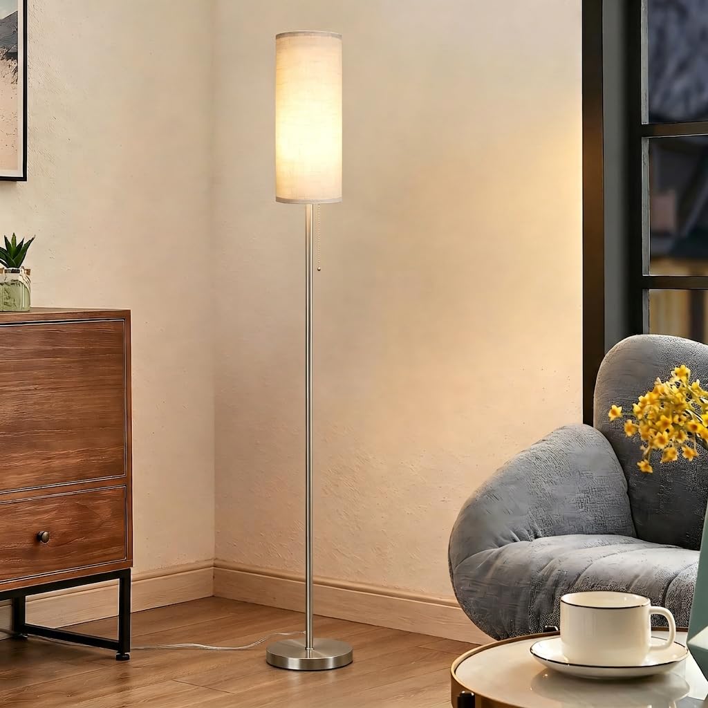 Floor Lamp for Living Room, Modern Standing Lamps with Lampshade, Minimalist Tall Lamp with Chain Switch for Living Room, LED Bulb Included (Nickel Body+Beige Shade)