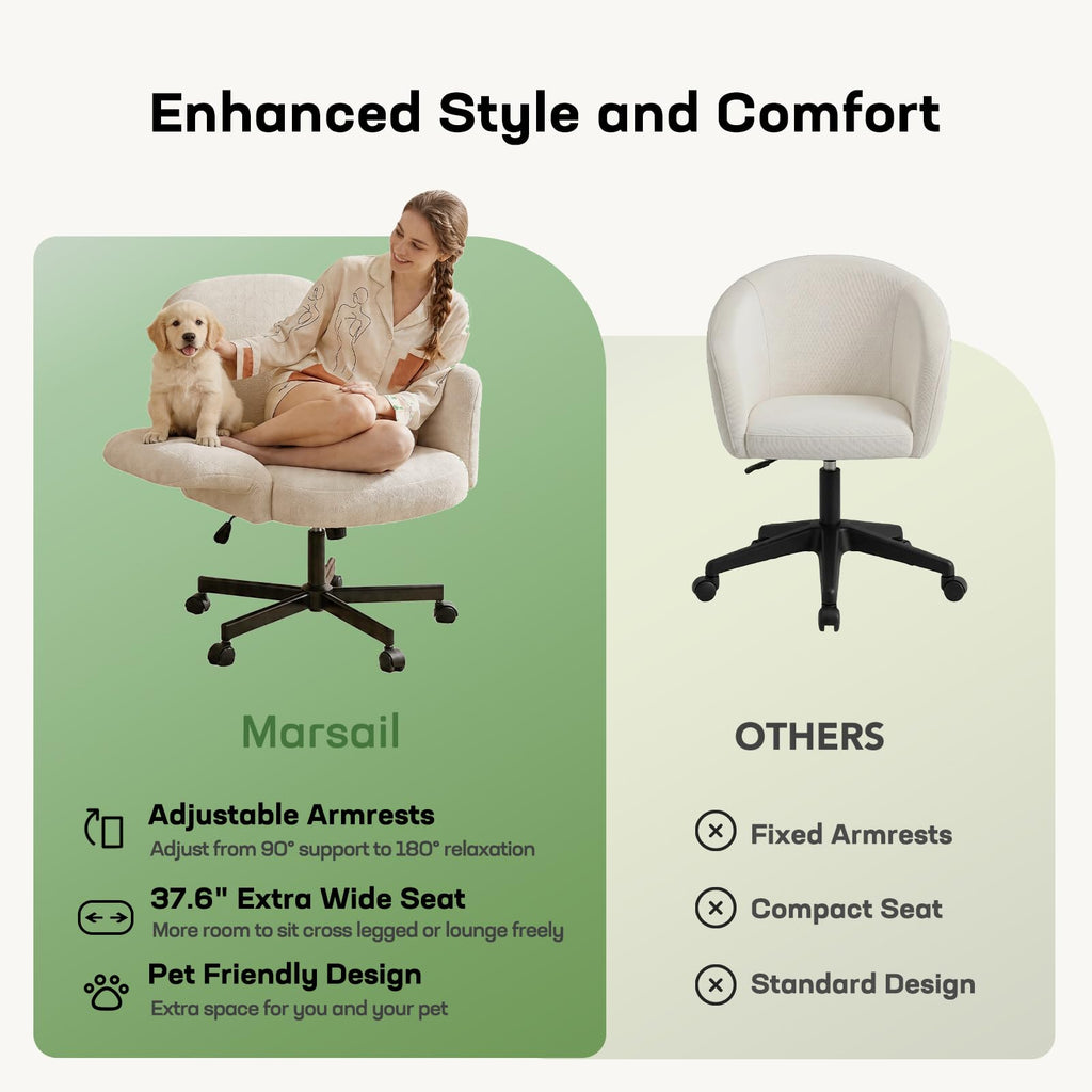 Criss Cross Office Chair with Adjustable Armrests & Wheels, Vanity Chair with Wide Cushion, Reclining Back, Soft Chenille Fabric, Desk Chair for Home Office, Makeup Room, Bedroom, Beige