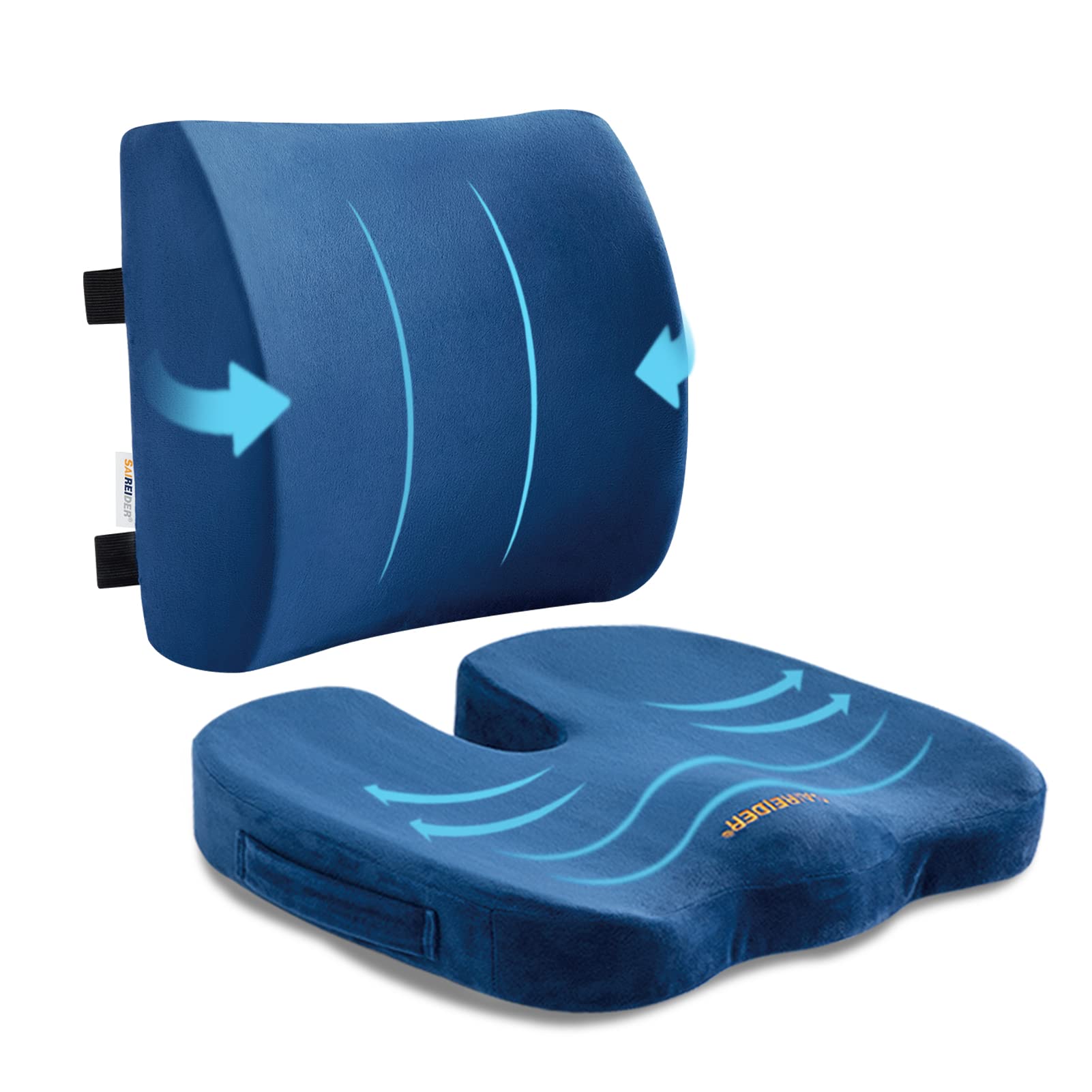 Chair Cushion and Lumbar Support Pillow for Office Chair, Car Seat Cushions Back Support Pillows, Memory Foam Chair Support for Back&Lumbar, Relieve Tailbone Pain and Sciatica (Blue)