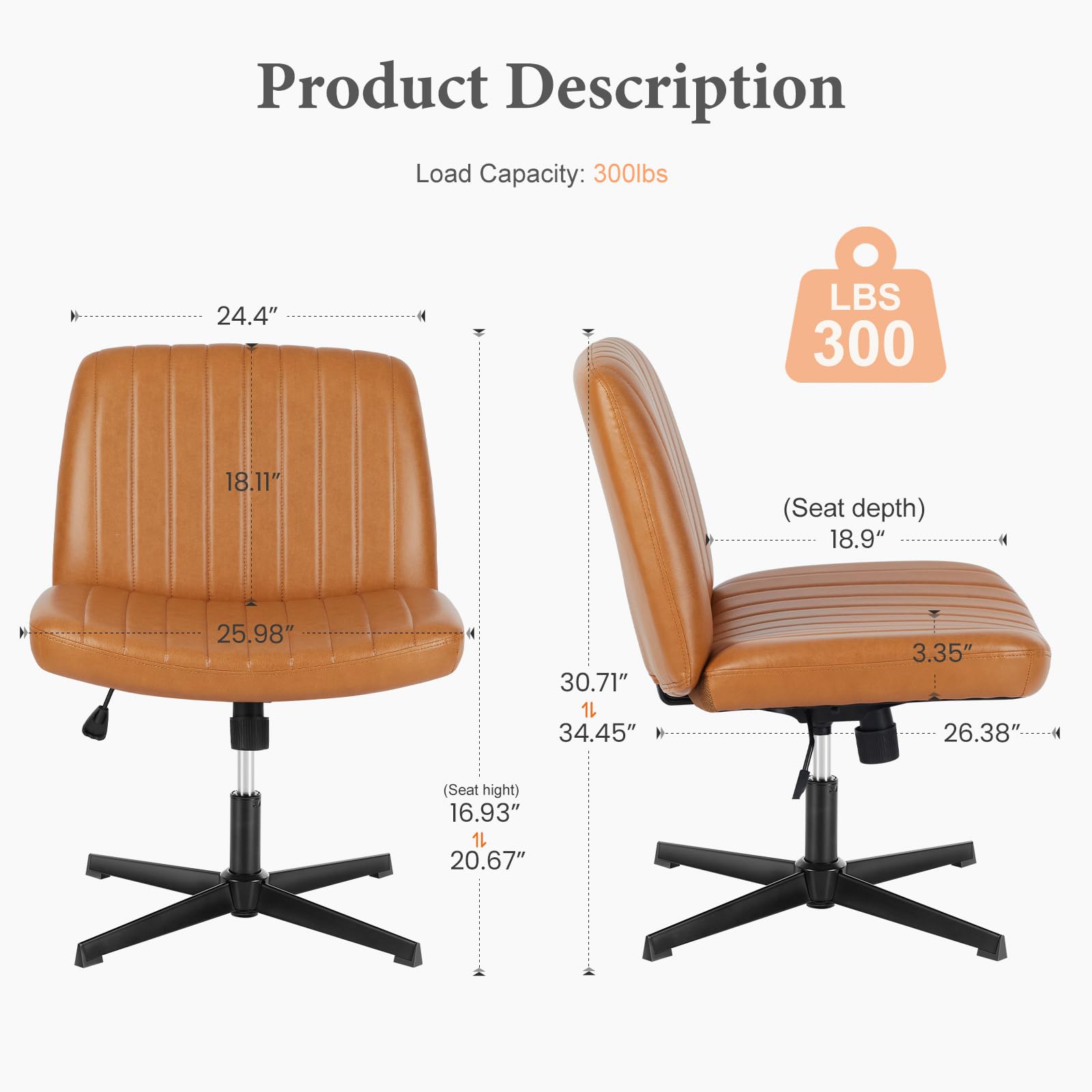 Criss Cross Legged Chairs Armless No Wheels Wide Seat Height Adjustable Swivel Padded PU Leather Home Office Desk Seating for Bedroom, Student, Study Room
