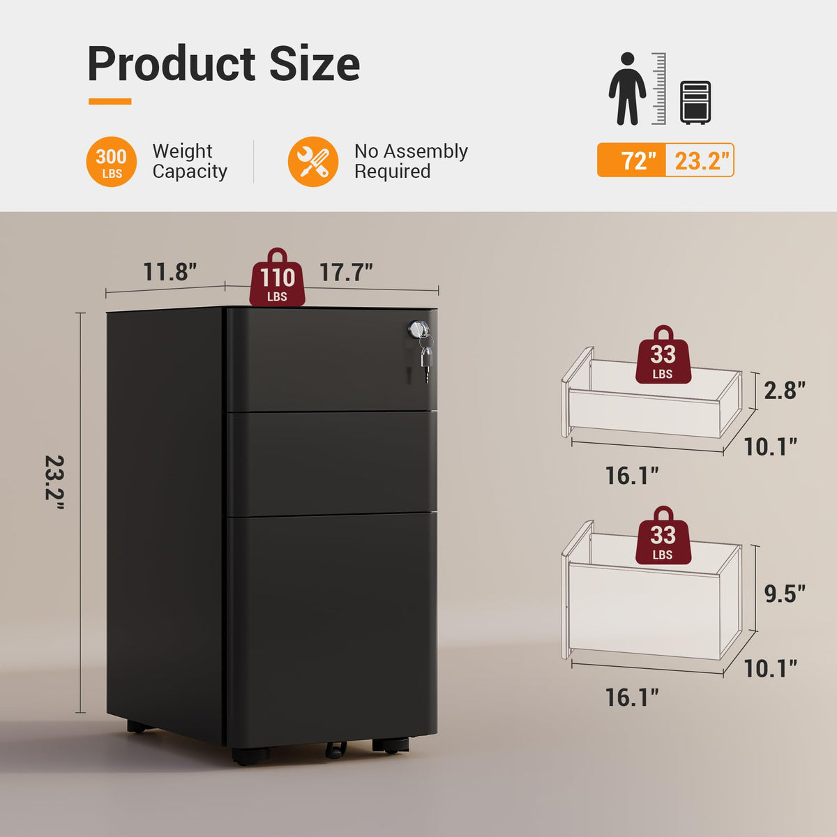 3 Drawer Mobile File Cabinet, Fully Assembled Except Casters