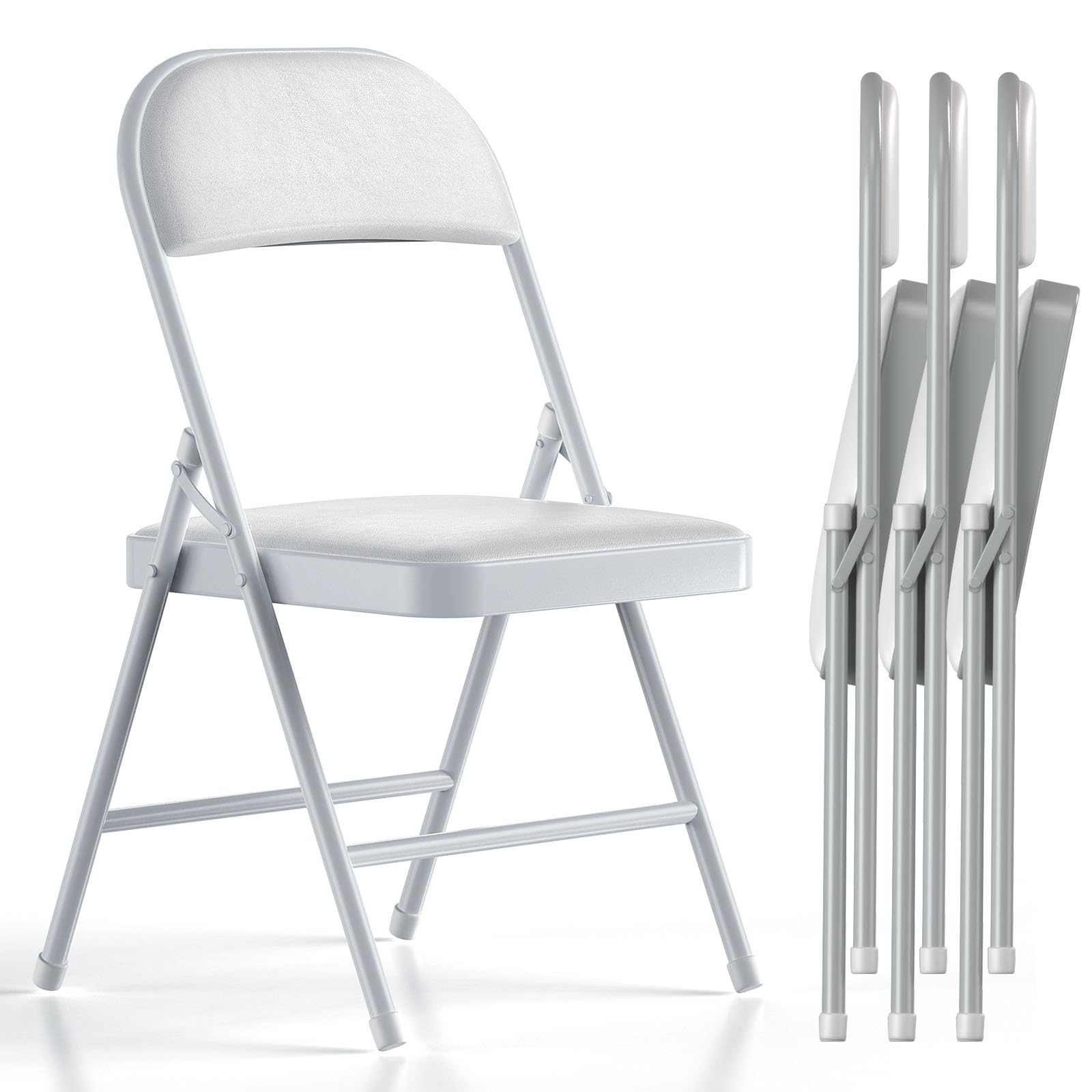 4 Pack Folding Chairs with Padded Vinyl Cushion Chairs with Comfortable Cushion and Durable Steel Frame for Home and Office, for Indoor and Outdoor Events (White, Vinyl)