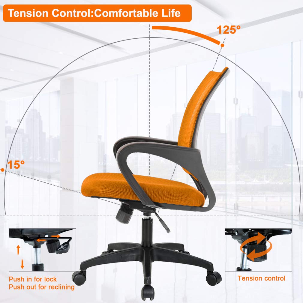 Ergonomic Office Chair | Mid-Back Swivel Desk Chair | Breathable Backrest & Lumbar Support | Adjustable Height | Sponge Seat | Rolling Wheels | Orange | for Adults & Women | Pack of 2