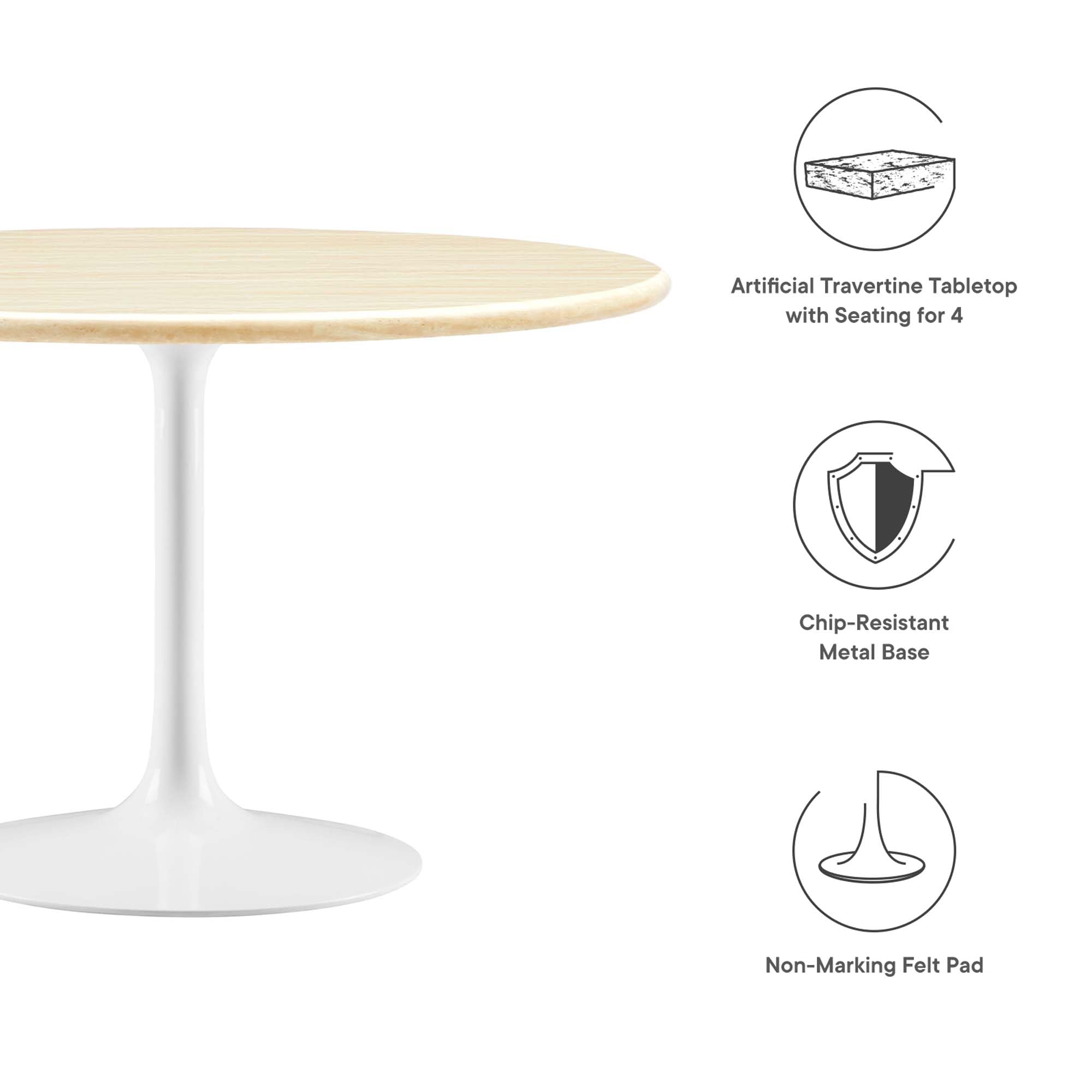 Modway Lippa 48" Round Artificial Dining Table with Tapered, Metal Base, White Travertine