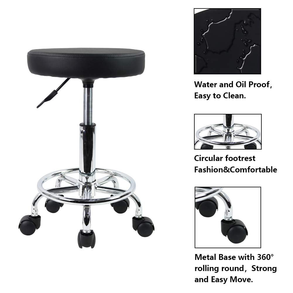 PU Leather Round Rolling Stool with Foot Rest Swivel Height Adjustment Spa Drafting Salon Tattoo Work Office Massage Stools Task Chair Small (Black)