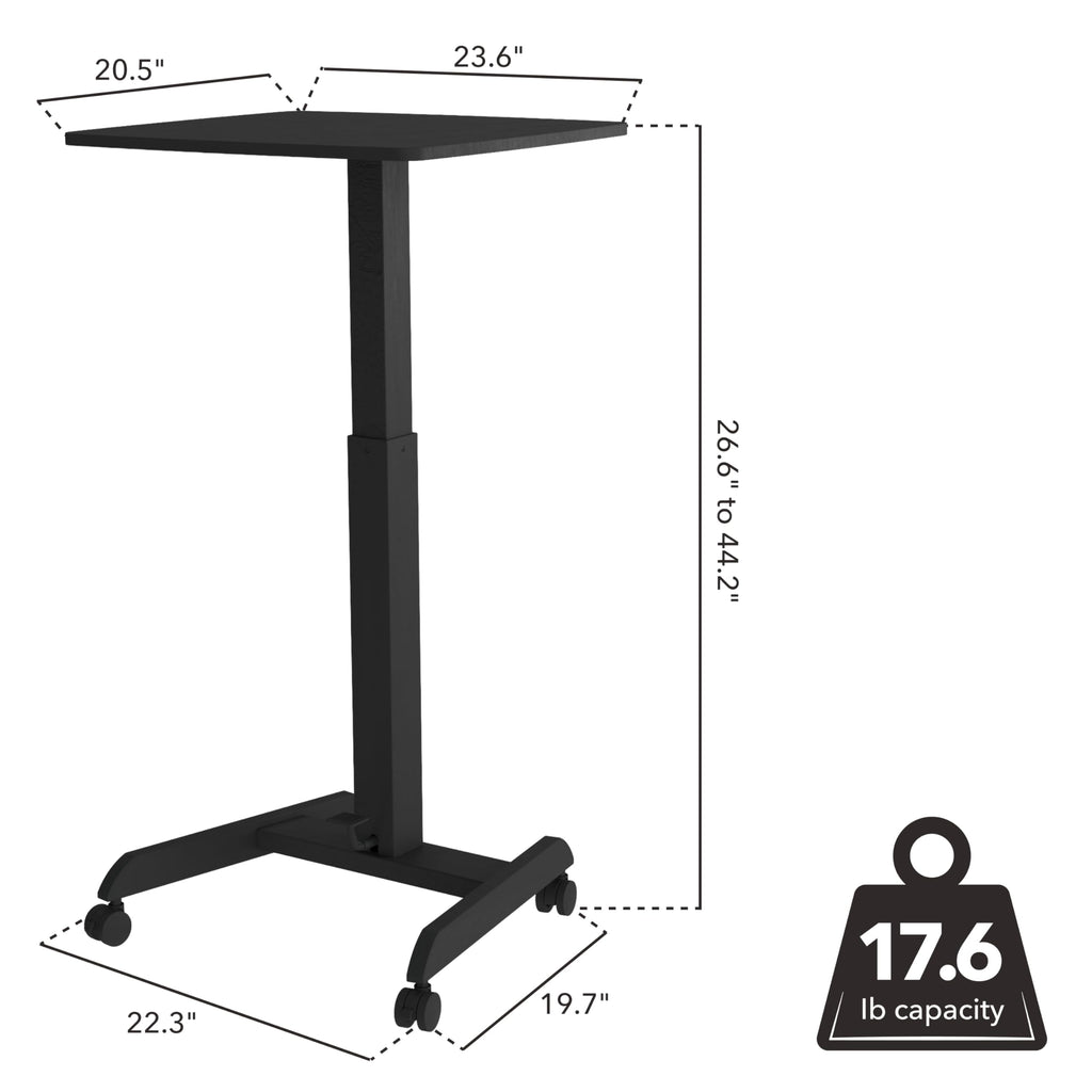 Rolling Laptop Desk Adjustable Height (29.6”-44.2”), Mobile Workstation Cart with 23.6” x 20.5” Desktop, Small Sit-Stand Desk for Home, Office, or Classroom in Black