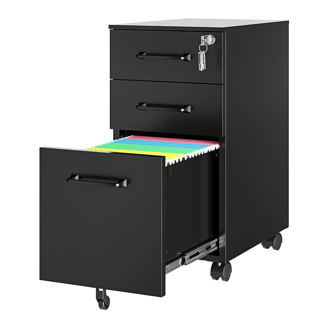 3 Drawer Slim File Cabinet, Mobile Filing Cabinet with Lock,Black Rolling Narrow File Cabinets with Casters, Under Desk Office Cabinets for Home Office,Fit A4/Letter/Legal(Unassembled)