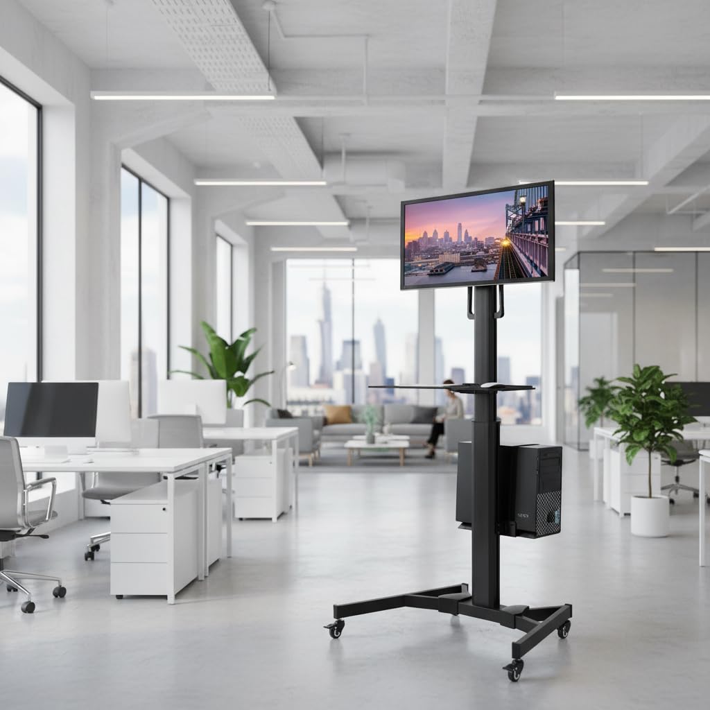 Computer Cart Mobile Desk Workstation with Monitor Mount for Screen up to 32", Rolling Computer Desk PC Cart, Keyboard & Mouse Tray, Rolling Stand with Adjustable CPU Holder, 63.5" Tall