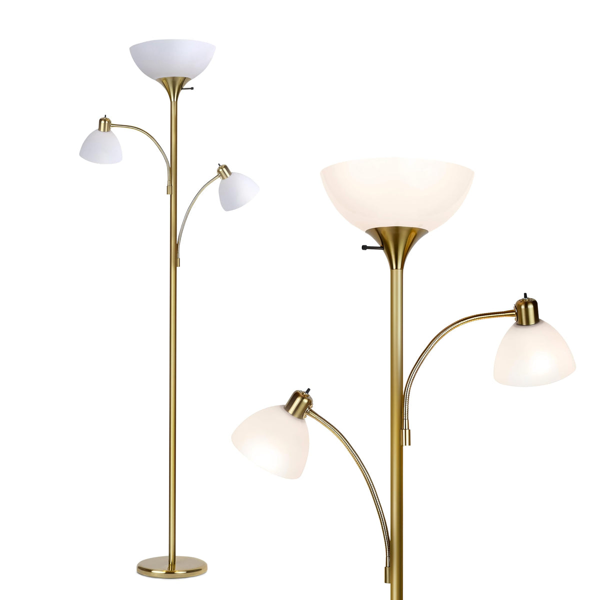 Sky Dome Double LED Floor lamp, Torchiere Super Bright Floor Lamp with 2 Reading Lamps for Living Rooms & Offices - Dimmable Tall Standing Lamp for Bedroom Reading - Tall Brass Pole
