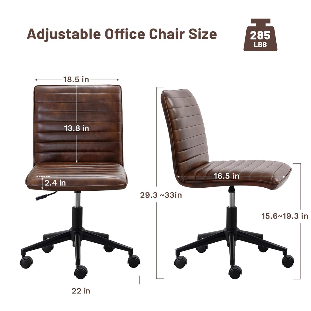 Leather Home Office Chair, Armless Vanity Desk Task Chair with Wheels 360° Swivel Computer Rolling Desk Chair with Back, Adjustable Accent Chair with Base Stool