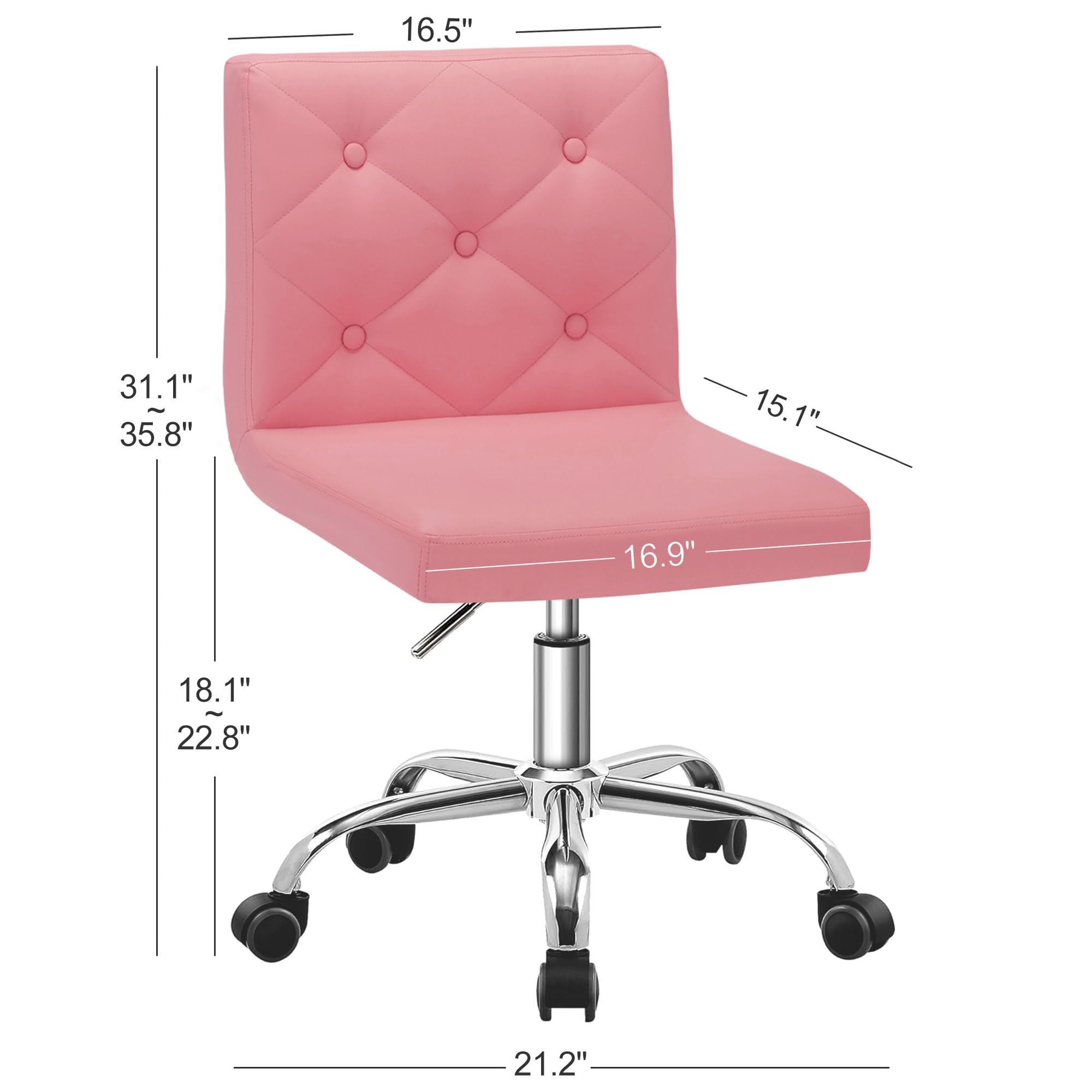 PU Leather Mid-Back Armless Vanity Chair Adjustable Height 360° Rolling Swivel for Office Work