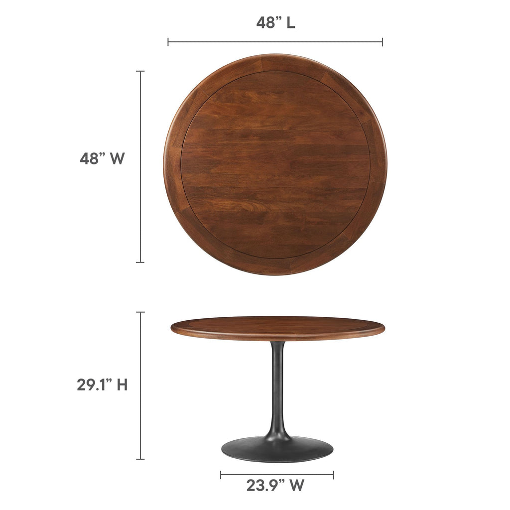 Modway Lippa 48 Inch Round Wood Dining Table with Metal Pedestal in Black Walnut - Modern Industrial Dining Table for 4 People - Solid Wood Tulip Kitchen Table