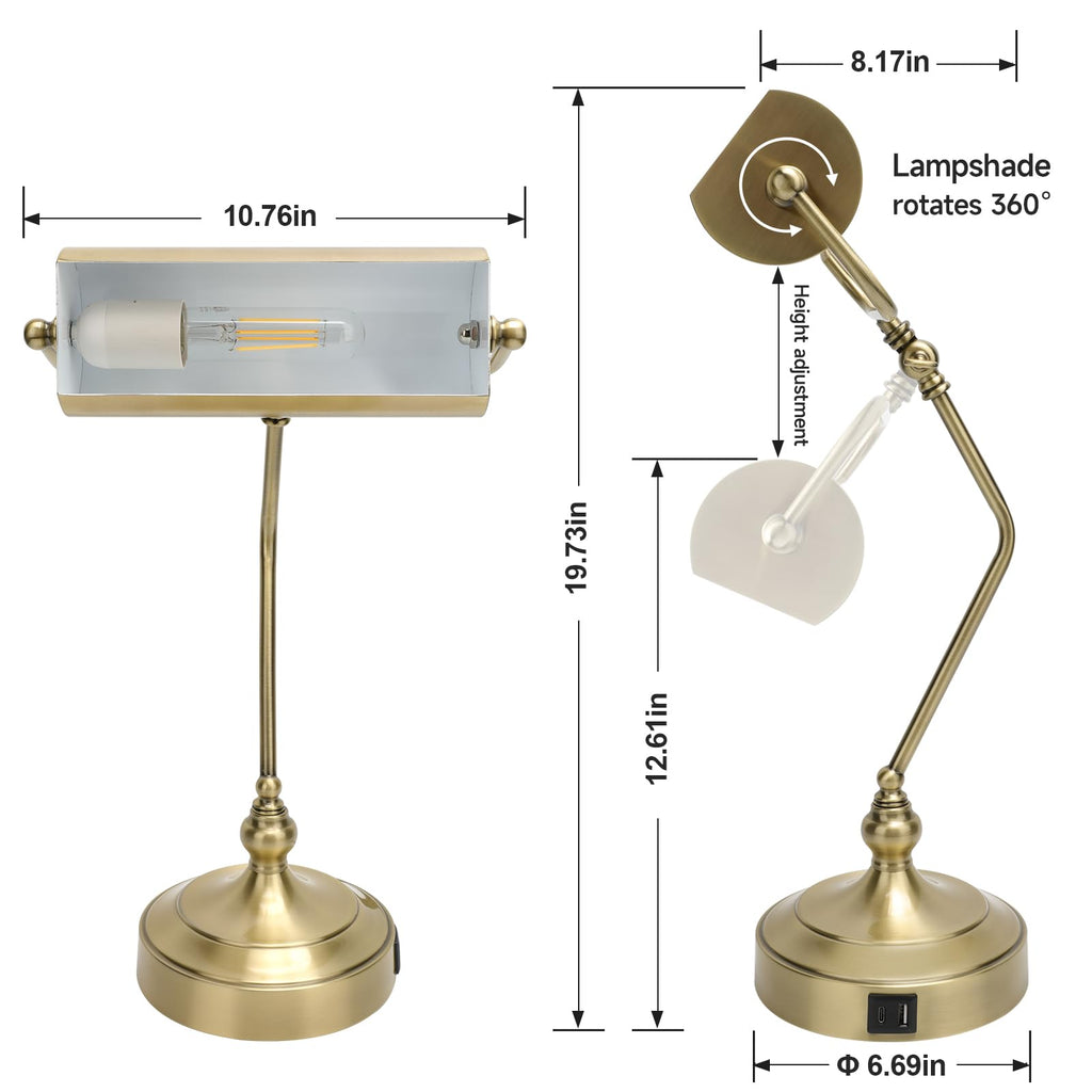 Classic Antique Touch Adjustable Desk Lamp, Banker Lamp, Piano Lamp, Eye Protection Table Lamp with Output Charging Port (LED Bulb Included in Package) (Bronze)
