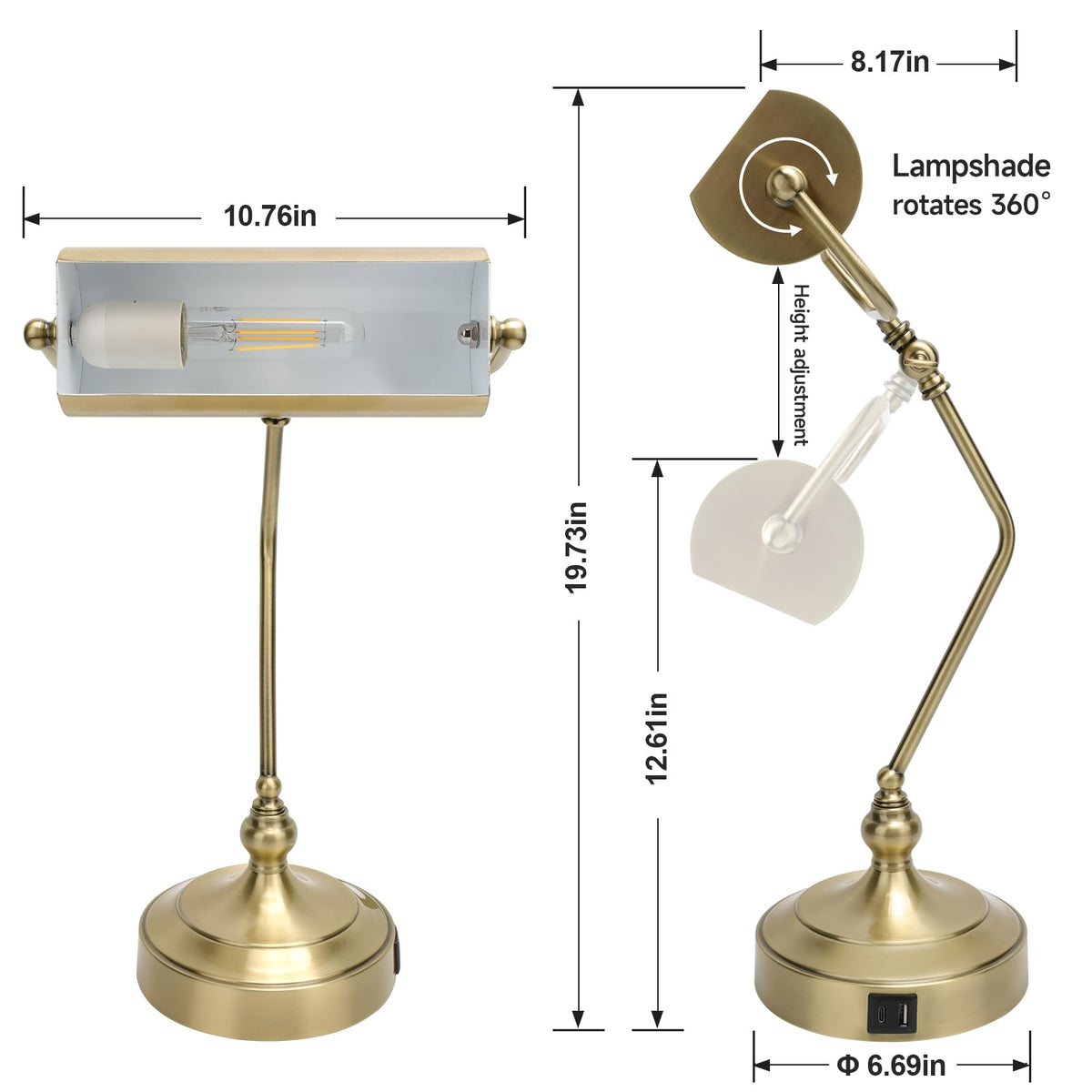 Classic Antique Touch Adjustable Desk Lamp, Banker Lamp, Piano Lamp, Eye Protection Table Lamp with Output Charging Port (LED Bulb Included in Package) (Bronze)