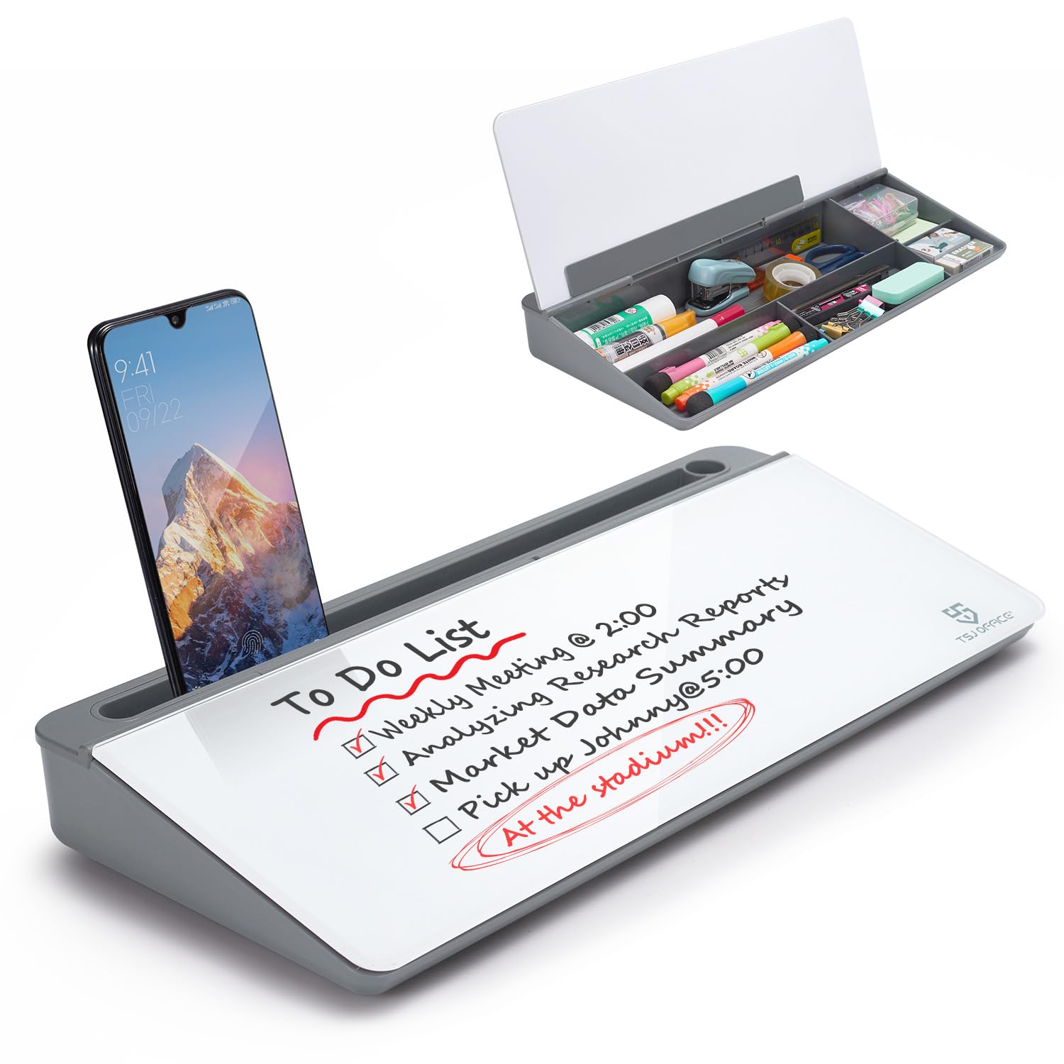 Small Desktop Glass Whiteboard Dry-Erase-Board - Computer Keyboard Stand White Board Surface Pad with Drawer, Desk Organizers with Accessories for Office, Home, School Supplies - Grey