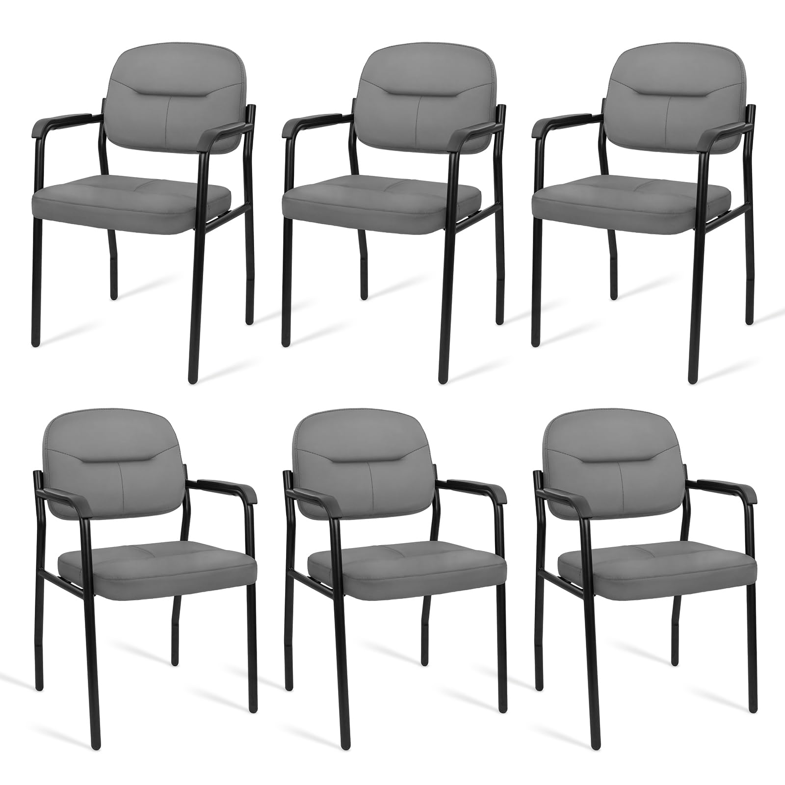 Leather Guest Chair Sets of 6, Office Reception Chair No Wheels with Armrests and Lumber Support, Ergonomic Desk Armchair for Meeting Waiting Conference Lobby Room, Grey