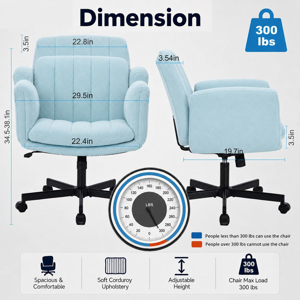 Criss Cross Office Chair with Wheels and Arms, Vanity Chair with Back, Comfy Swivel Cross Legged Office Chairs for Ultimate Comfort and Support, Unique Multifunctional Stylish Arms (Fabric Green)