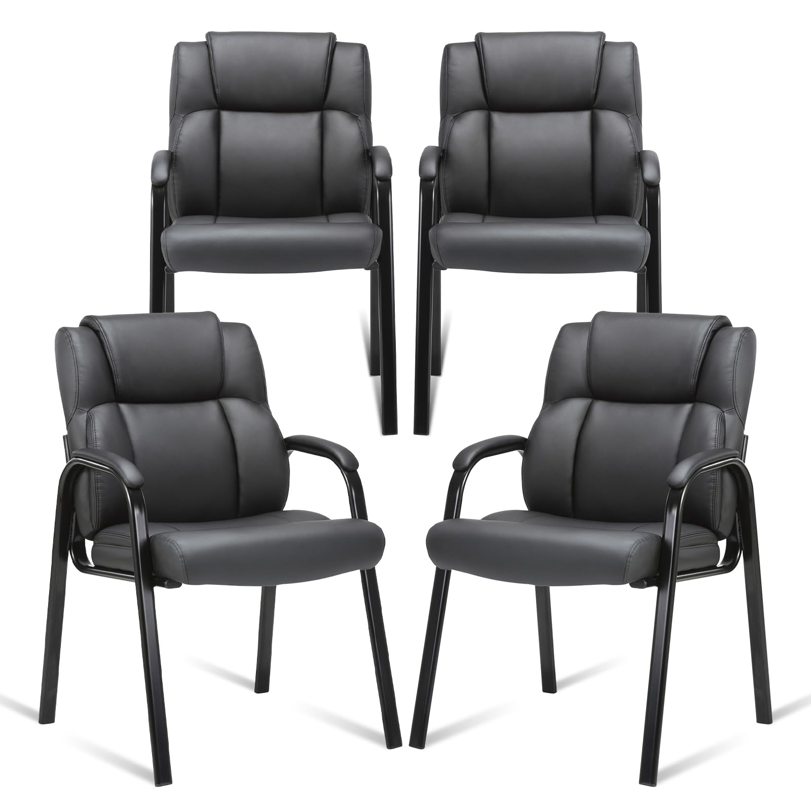 4 Pack, Leather Guest Chair with Padded Arm Rest for Reception Meeting Conference and Waiting Room Side Office Home Black