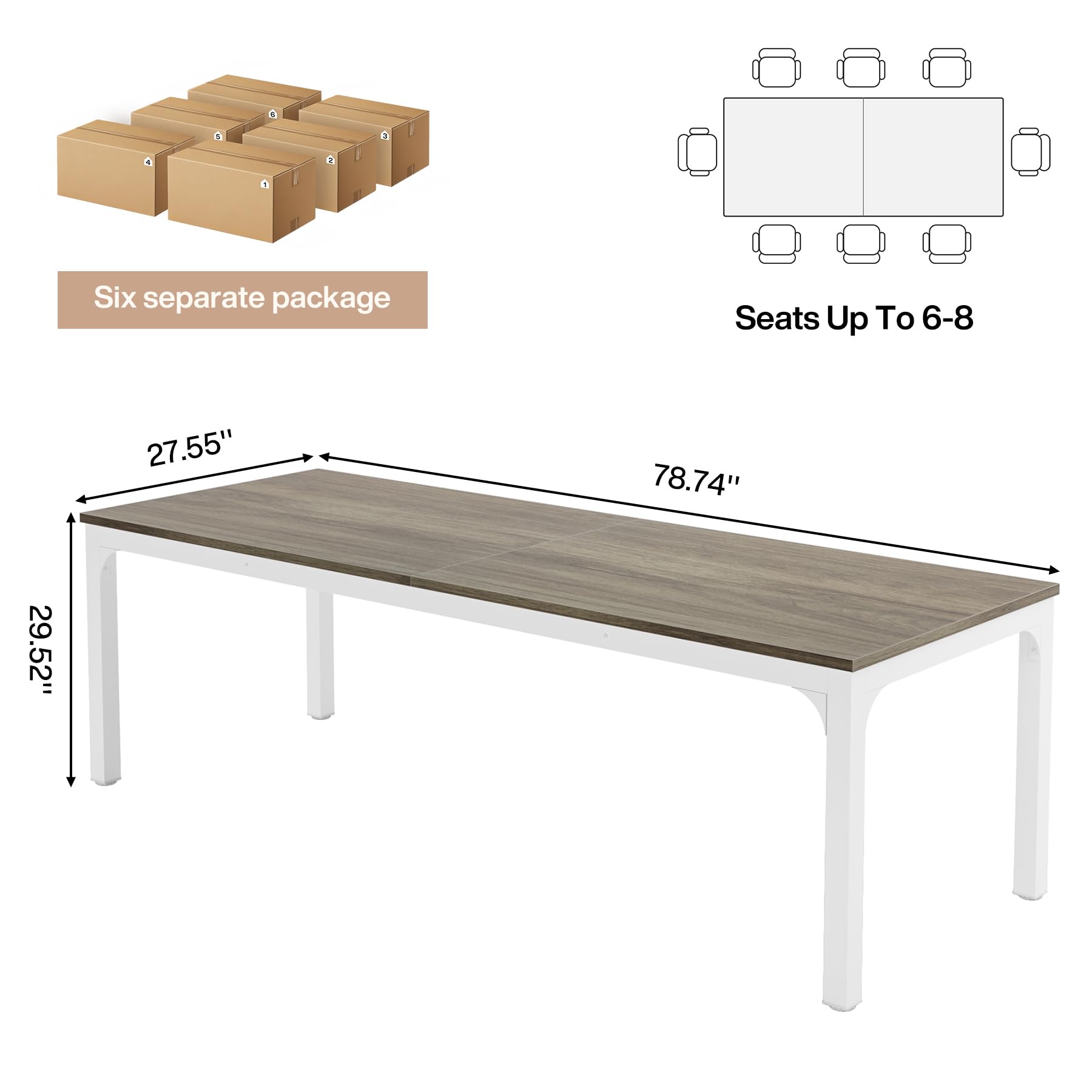 6.5 FT Conference Room Table, 78.74" W x 27.56" D Large Office Conference Table, Modern Seminar Meeting Table Desk for Boardroom, Meeting Room (6, Gray)