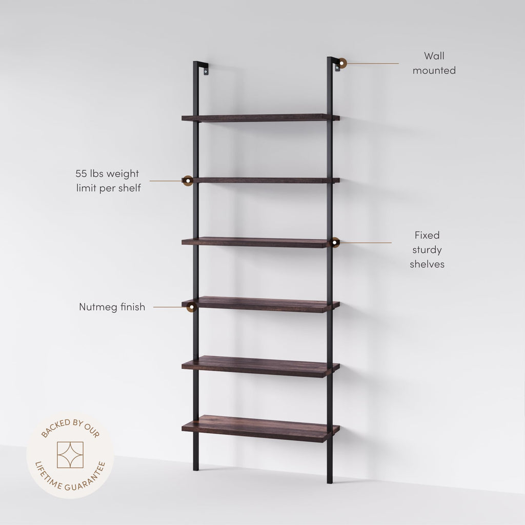 6-Shelf Tall Bookcase, Wall Mount Bookshelf with Natural Wood Finish and Industrial Metal Frame, Nutmeg/Matte Black