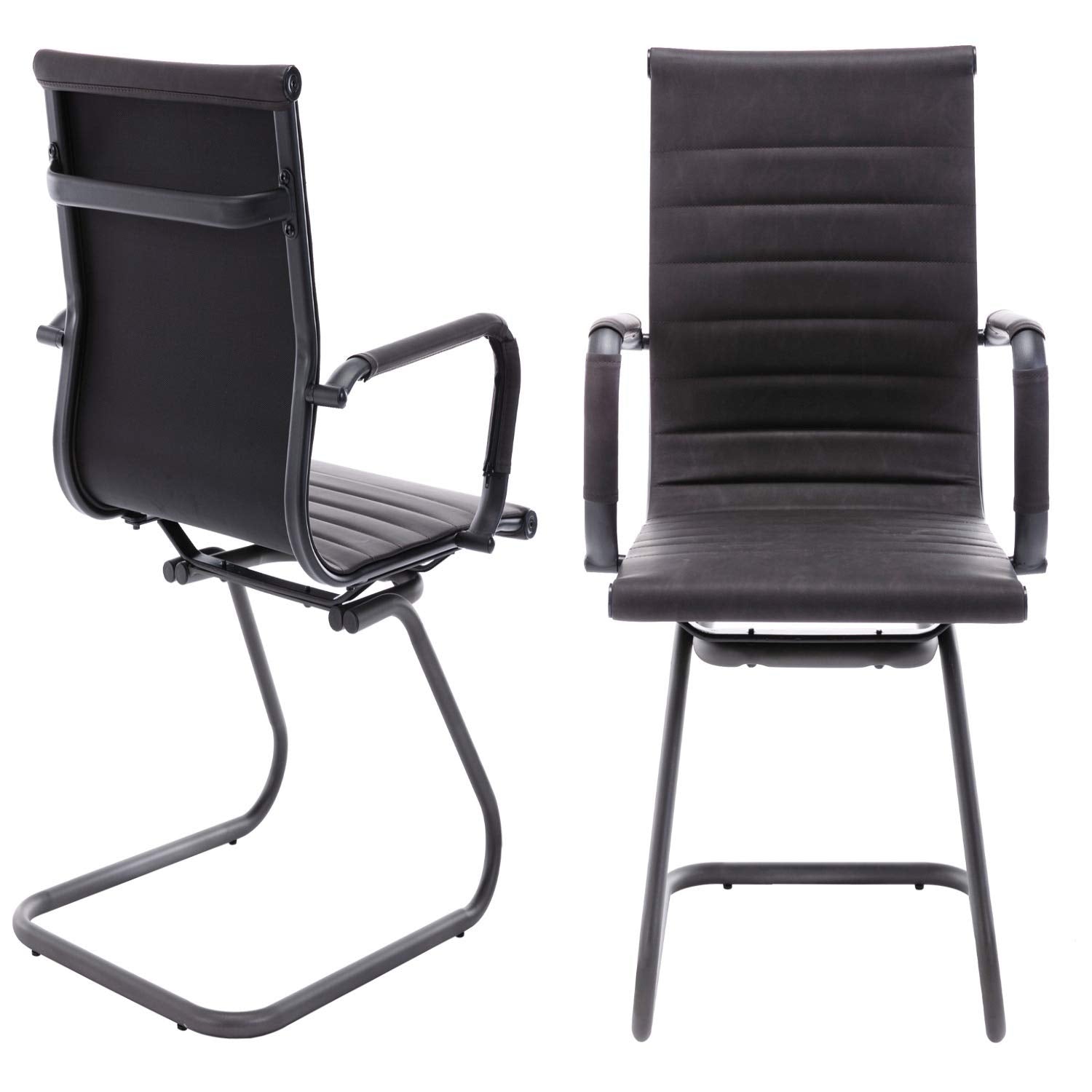 Office Chairs No Wheels Leather Conference Chairs Back Support Guest Chair, Set of 2 (Vintage Charcoal)