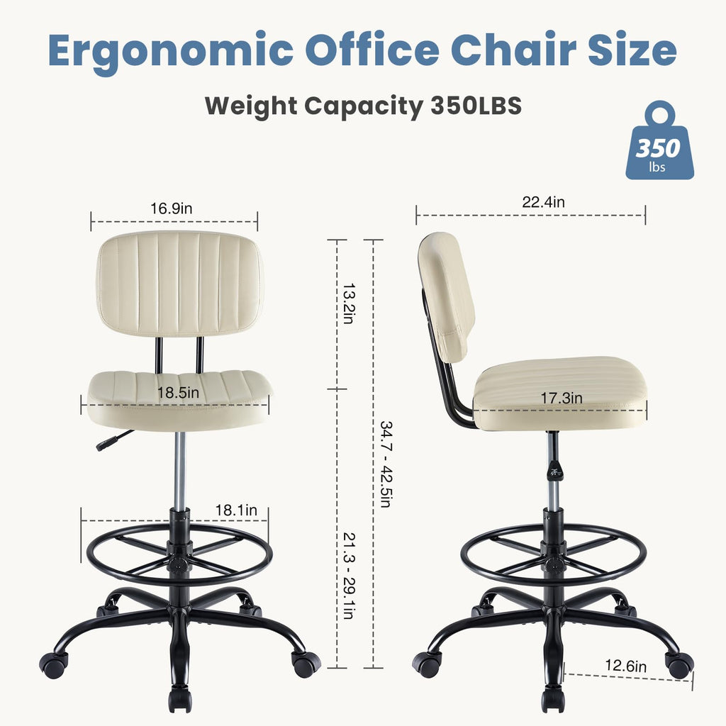Armless Drafting Chair, Low Back Office Seat with Adjustable Footrest Ring for Standing Desk, Ergonomic PU Leather Office Seating, Swivel Rolling High Stool for Studio, Lab, Counter, Beige
