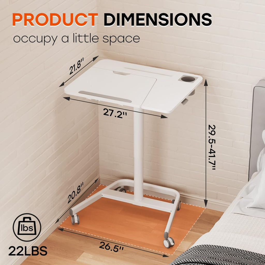Mobile Standing Desk, Height Adjustable Table, 60° Tiltable Rolling Laptop Desk, Portable Sit Stand Desk with Wheels Cup Holder for Bed Couch School, Holds Up to 22lbs, White